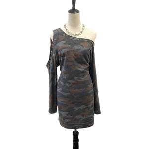 VENUS Camo Off The Shoulder Cold Shoulder Midi Dress w/ Metal Details Blue Sz L